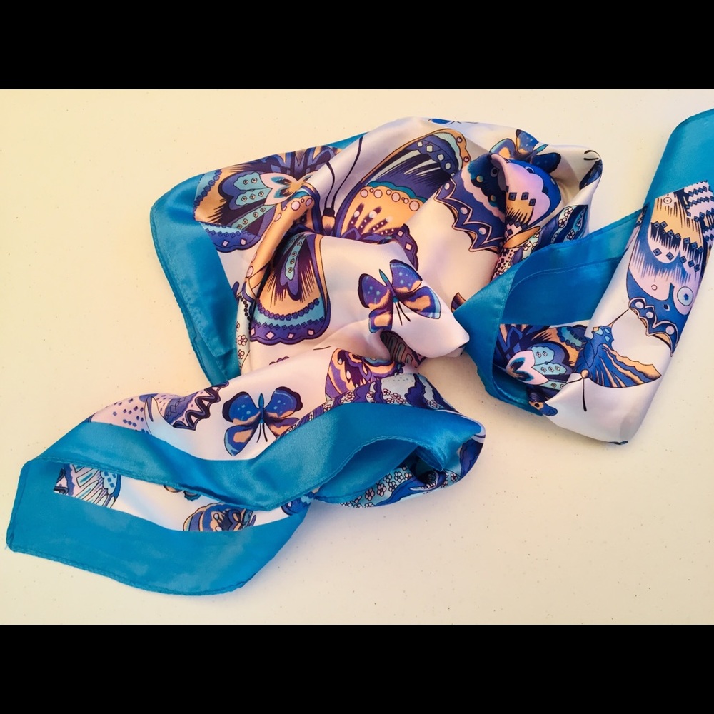 NEW 100% Silk Satin Scarf Wrap Shawl Butterfly Blue